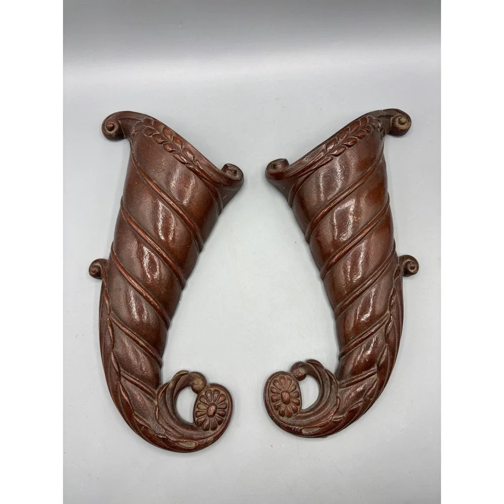 Vintage Syroco Wood Cornucopia‎ Wall Pockets Pair Brown Resin Decor